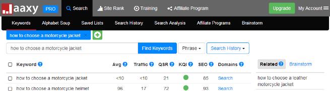 Jaaxy search for keyword term